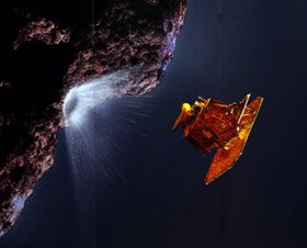 Een Amerikaans ruimteprojectiel is maandag ingeslagen op de komeet Tempel 1. De explosie moet een krater ter grootte van een voetbalstadion slaan in de komeet.