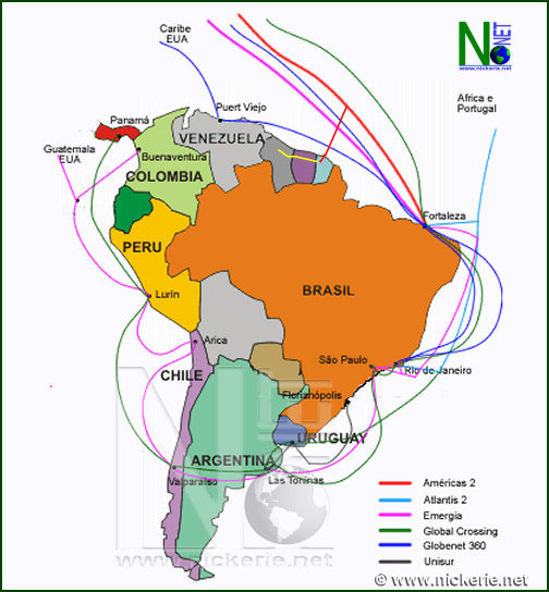 Communicatiekables die Zuid Amerika met de rest van de wereld verbinden.