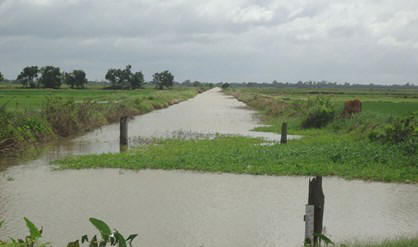 Het water staat laag in een irrigatieleiding waardoor bevloeien van de rijstarealen in Nickerie via de normale zwaartekracht niet mogelijk is.                                                                