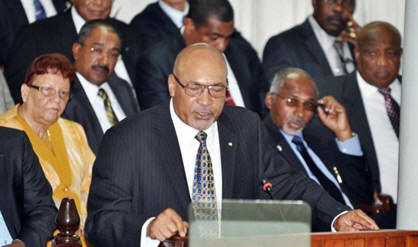President Desi Bouterse in De Nationale Assemblee tijdens het uitspreken van de jaarrede op 29 september 2013. 